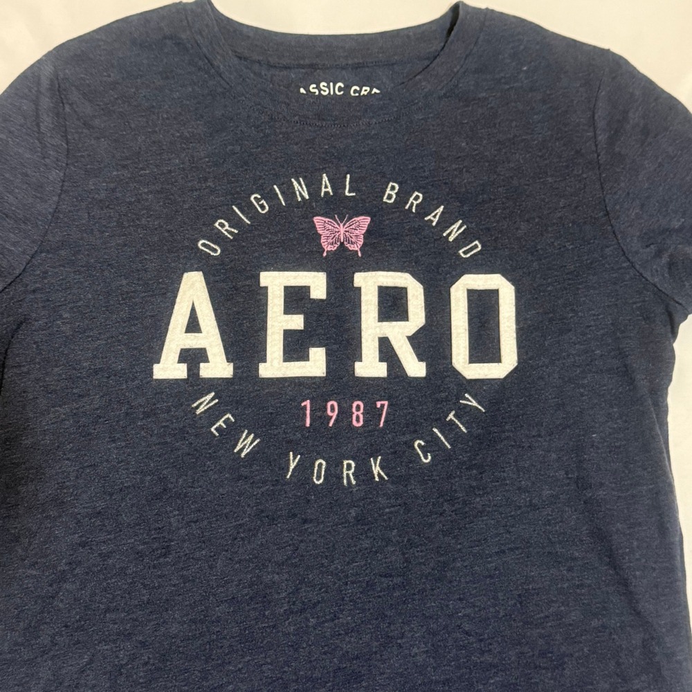 Aeropostale‎ Womens Classic Crew AERO Graphic T-Shirt Navy Blue Pink Butterfly M